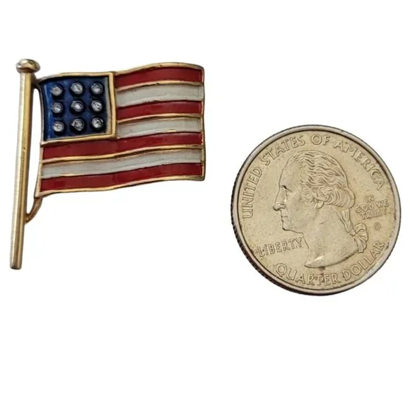 Trifari Red White Blue Enamel Clear Rhinestone US Flag Brooch Pin, Signed E711